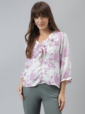 Printed Top Casual 3/4 Sleeves Purple Top