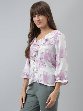 Printed Top Casual 3/4 Sleeves Purple Top