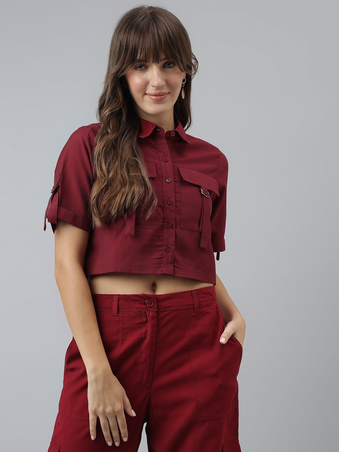 Solid Casual Short Sleeves Maroon Shirt