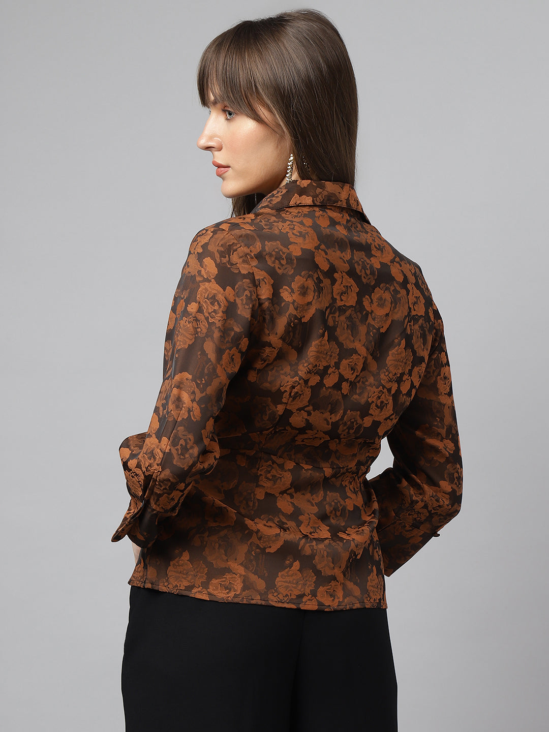 Brown 3/4Th Sleeve Spread Collar Floral Shirt For Casual Wear