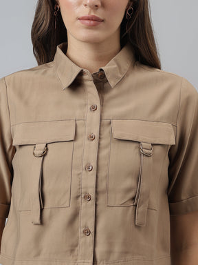 Solid Casual Short Sleeves Beige Shirt