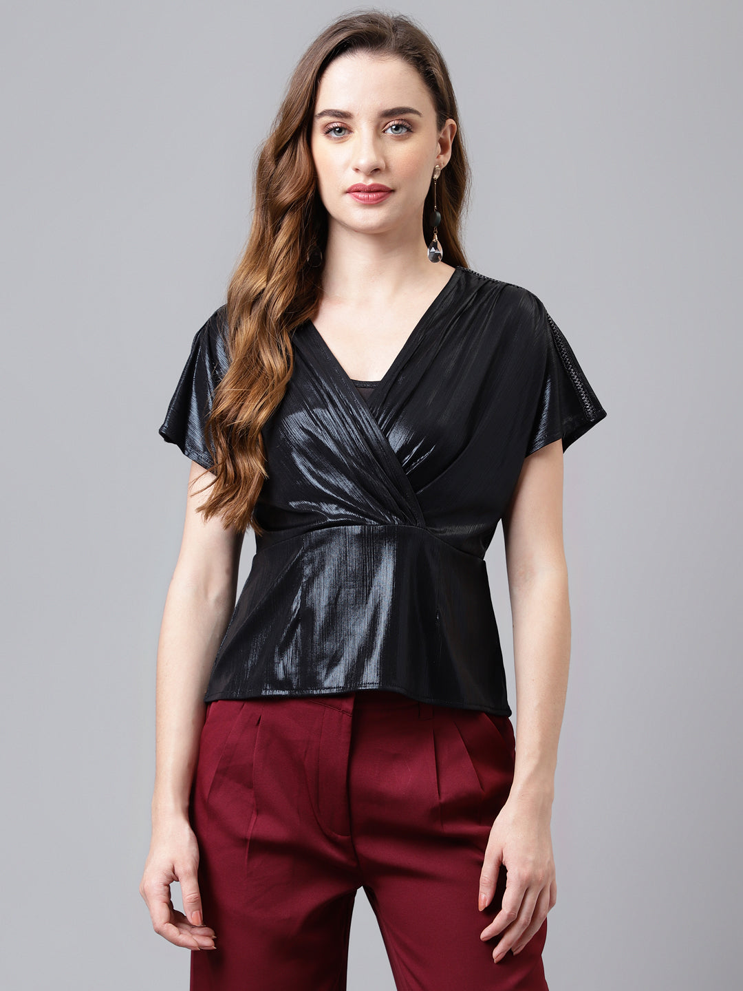 Black V-Neck Short Sleeves Solid Top For Casual Wear
