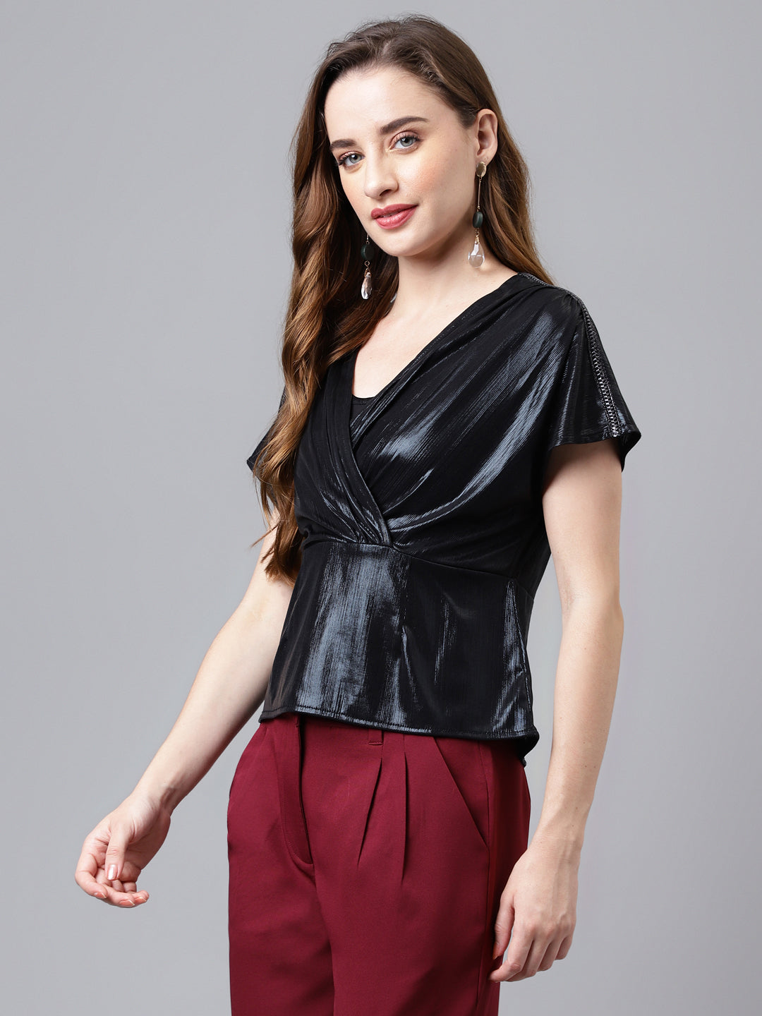 Black V-Neck Short Sleeves Solid Top For Casual Wear