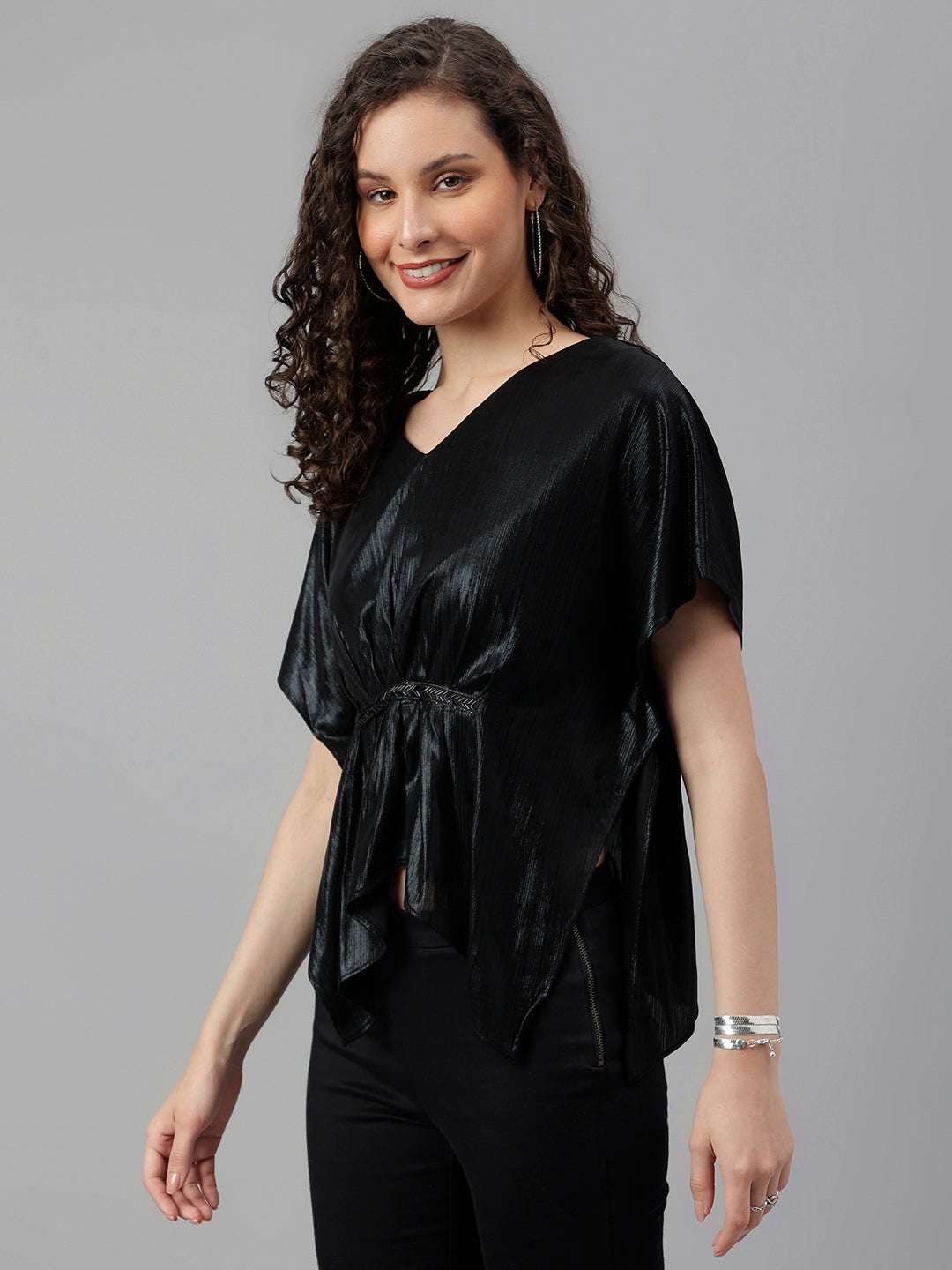 Black Solid Short Sleeve Casual Top