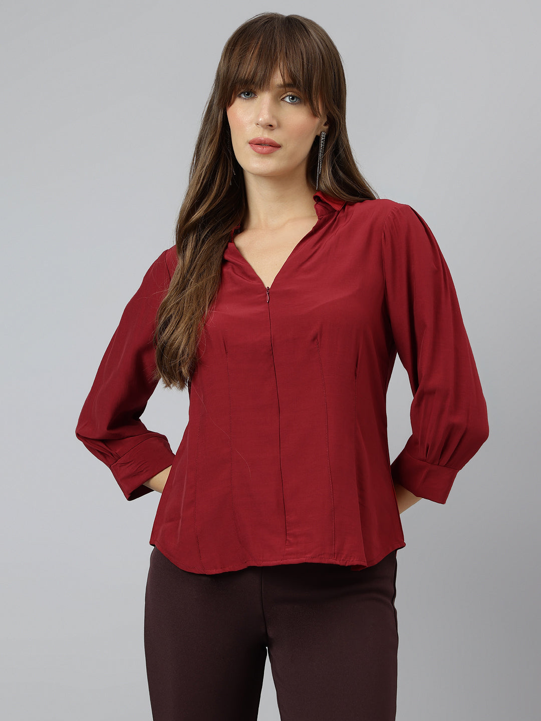 Maroon Spread Collar Three Quarter Sleeves Solid Shirt For Casual Wear