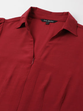 Maroon Spread Collar Three Quarter Sleeves Solid Shirt For Casual Wear