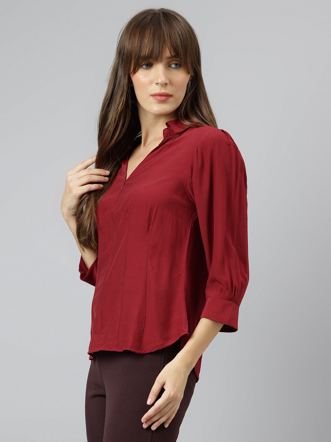 Maroon Spread Collar Three Quarter Sleeves Solid Shirt For Casual Wear