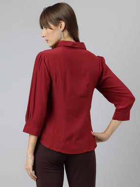 Maroon Spread Collar Three Quarter Sleeves Solid Shirt For Casual Wear