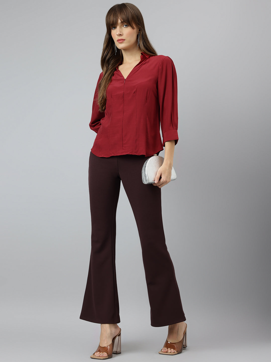 Maroon Spread Collar Three Quarter Sleeves Solid Shirt For Casual Wear