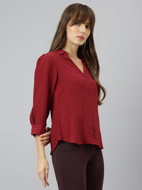 Maroon Spread Collar Three Quarter Sleeves Solid Shirt For Casual Wear