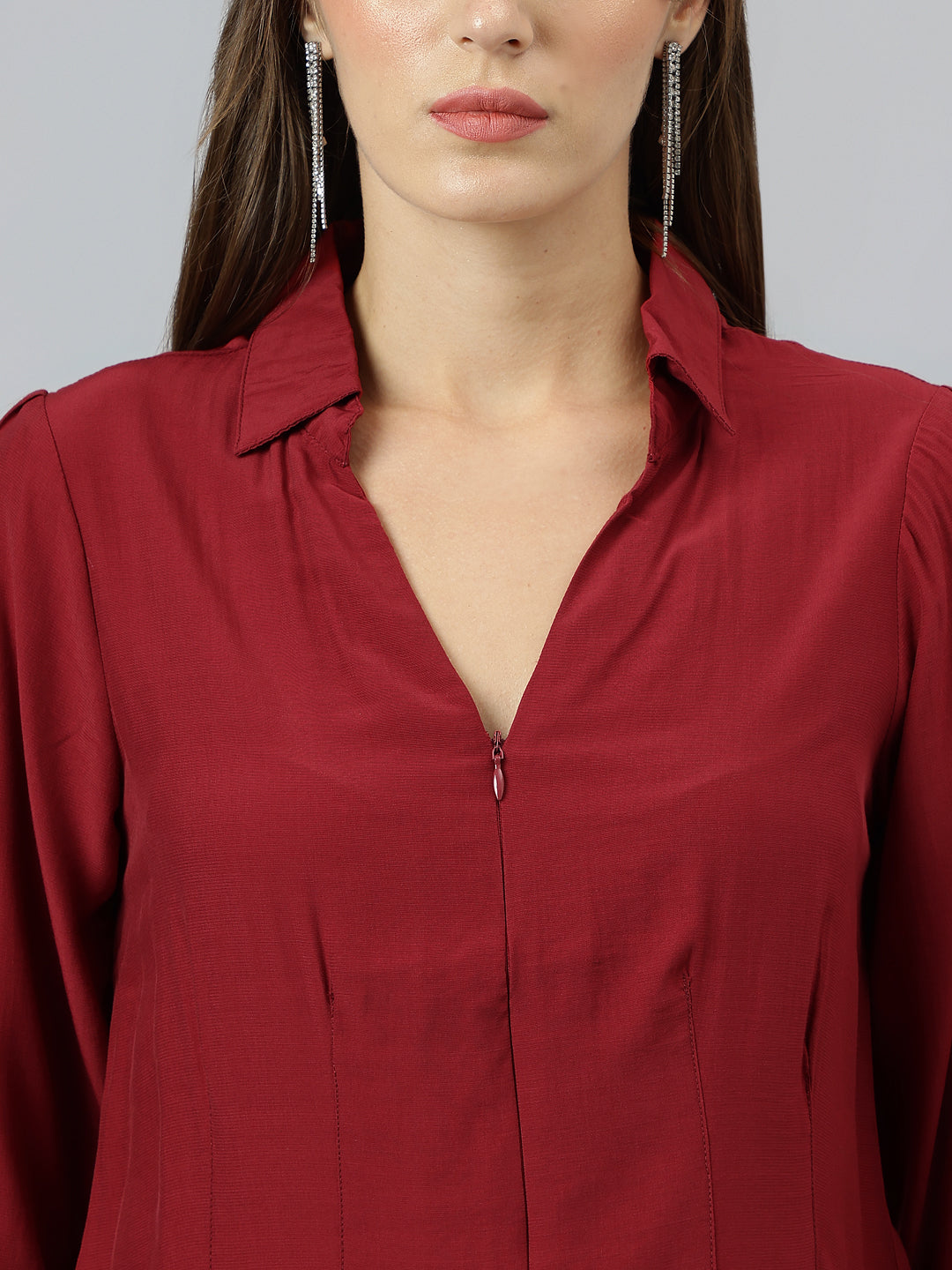 Maroon Spread Collar Three Quarter Sleeves Solid Shirt For Casual Wear