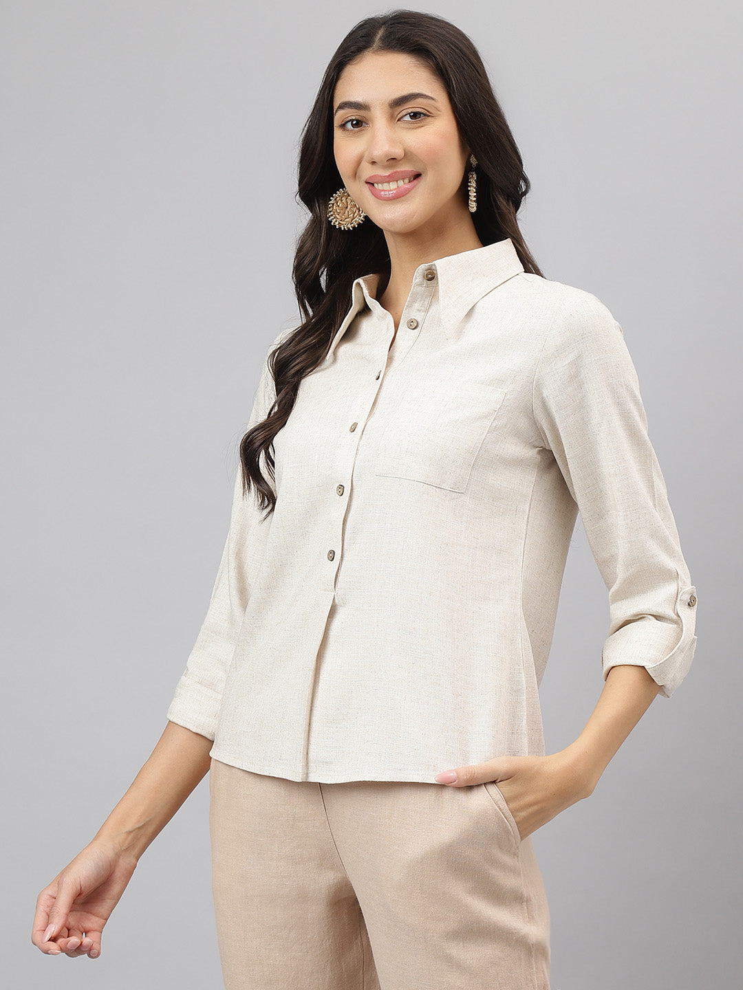 Beige Solid Full Sleeve Casual Shirt