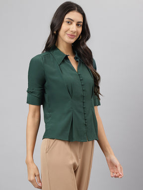 Latin Quarters Women's Green Half Sleeves Solid Collar Neck Formal Top