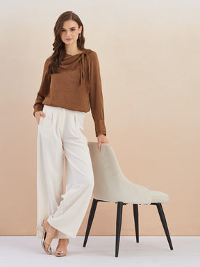 Latin Quarters Women Brown Solid Long Sleeves Cowl Neck Top for Party Occasion