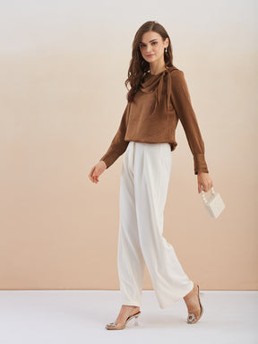 Latin Quarters Women Brown Solid Long Sleeves Cowl Neck Top for Party Occasion
