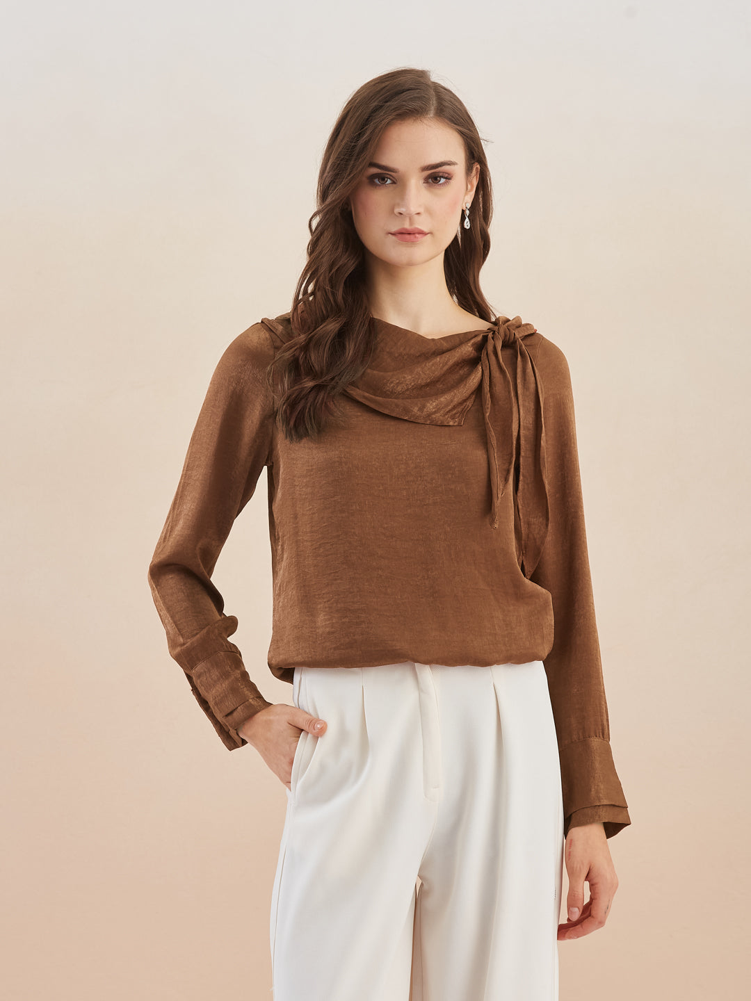 Latin Quarters Women Brown Solid Long Sleeves Cowl Neck Top for Party Occasion