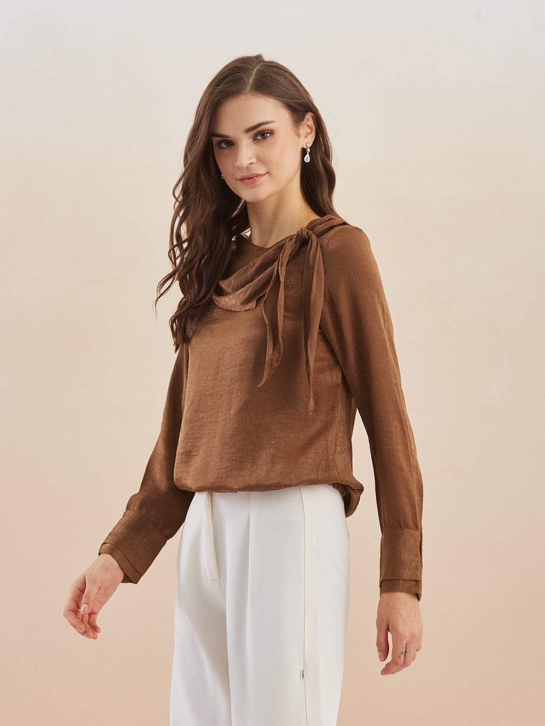 Latin Quarters Women Brown Solid Long Sleeves Cowl Neck Top for Party Occasion