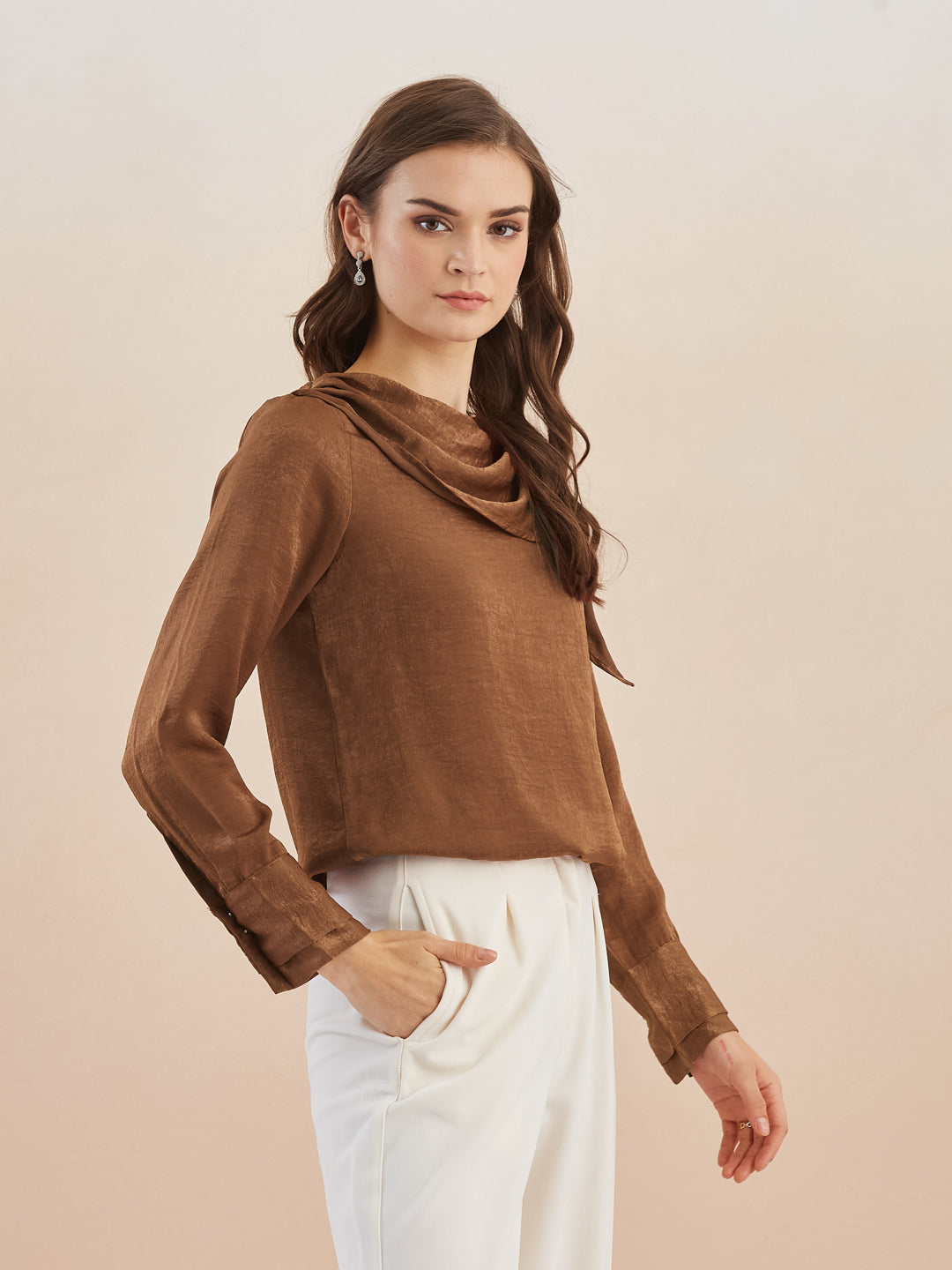 Latin Quarters Women Brown Solid Long Sleeves Cowl Neck Top for Party Occasion