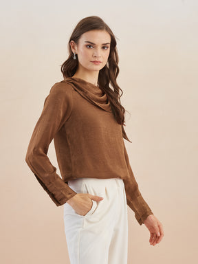 Latin Quarters Women Brown Solid Long Sleeves Cowl Neck Top for Party Occasion