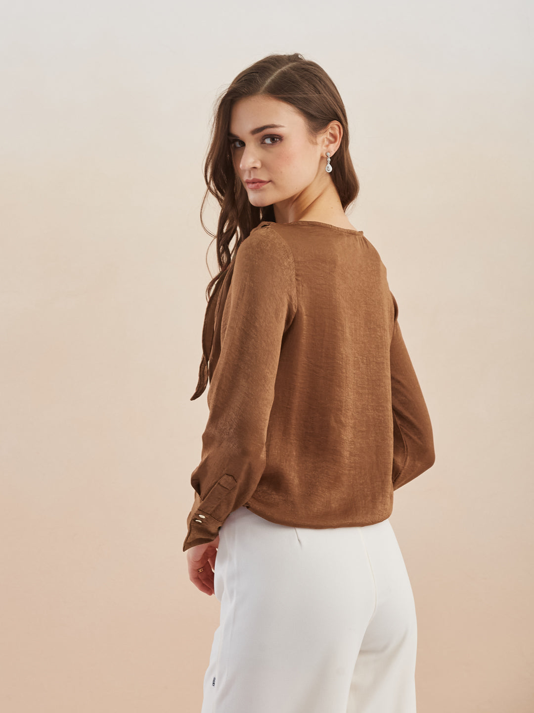 Latin Quarters Women Brown Solid Long Sleeves Cowl Neck Top for Party Occasion