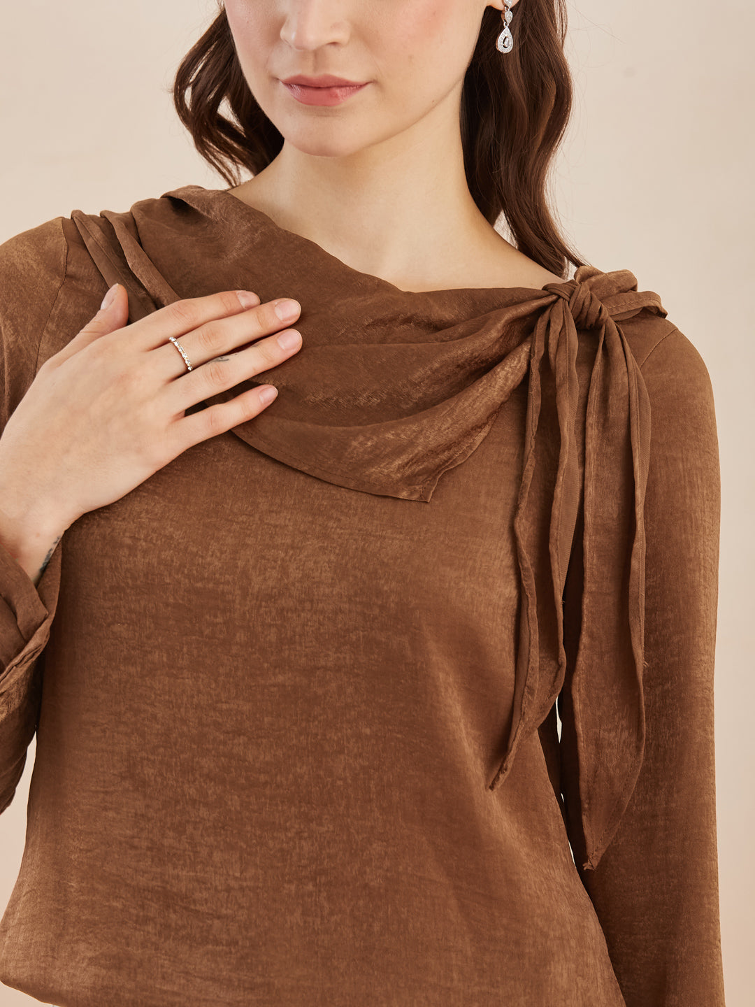 Latin Quarters Women Brown Solid Long Sleeves Cowl Neck Top for Party Occasion