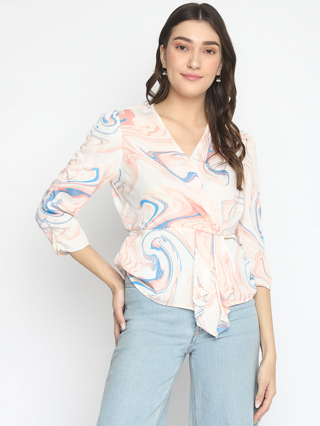Latin Quarters Women's Peach 3/4Th Sleeve Printed V-Neck Casual Top