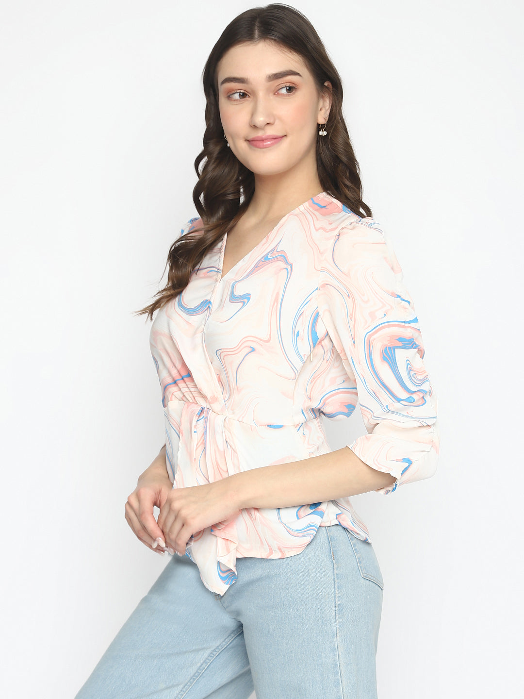 Latin Quarters Women's Peach 3/4Th Sleeve Printed V-Neck Casual Top