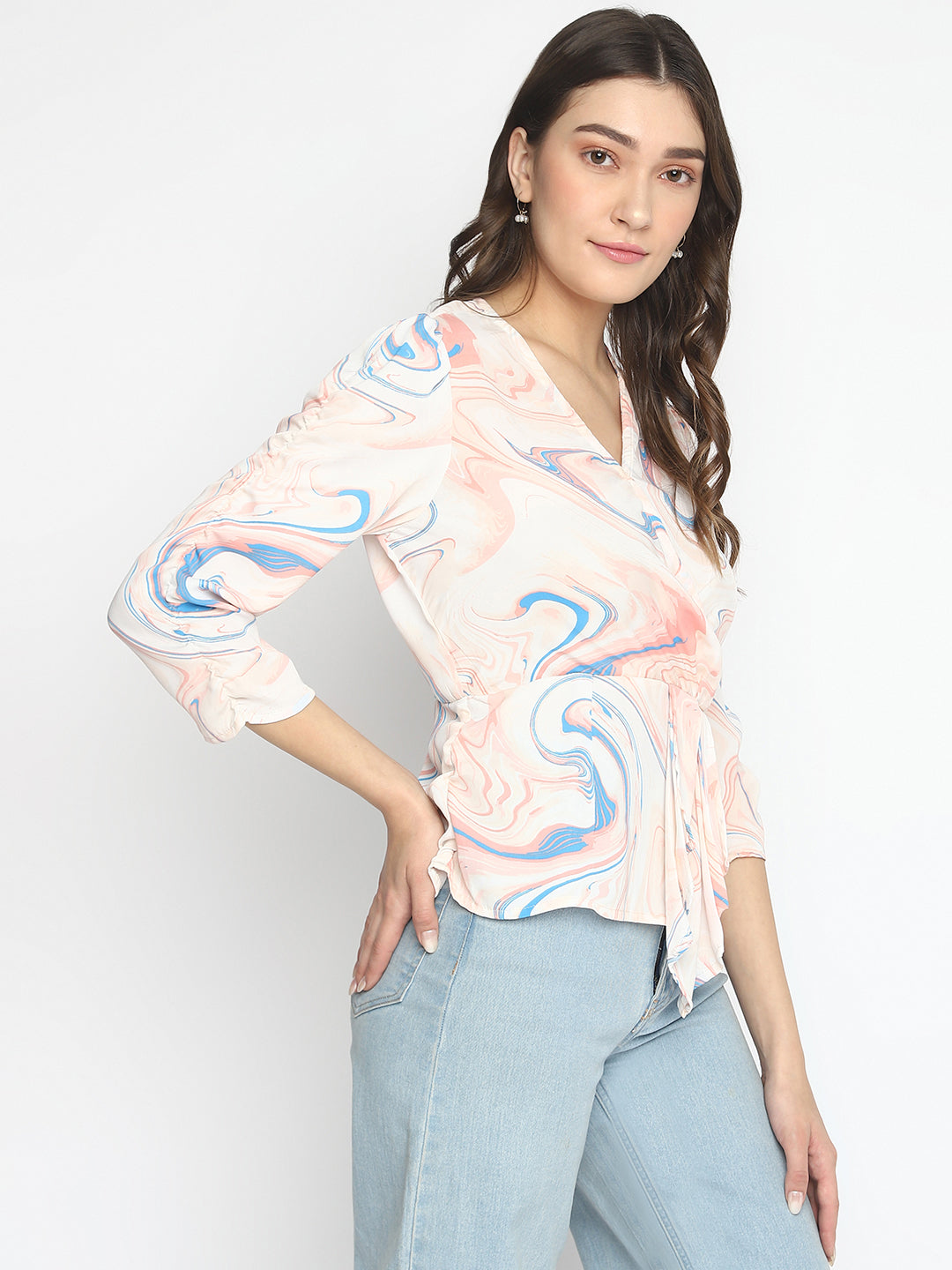 Latin Quarters Women's Peach 3/4Th Sleeve Printed V-Neck Casual Top