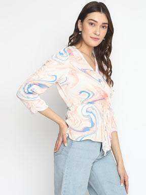 Latin Quarters Women's Peach 3/4Th Sleeve Printed V-Neck Casual Top