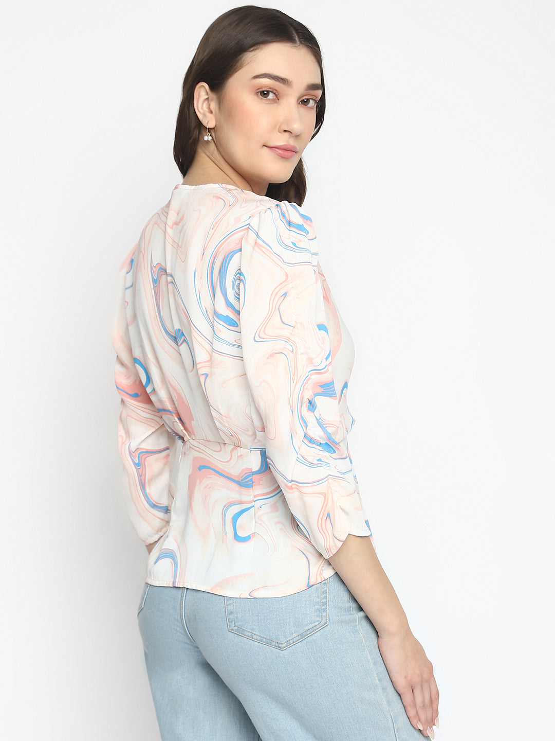Latin Quarters Women's Peach 3/4Th Sleeve Printed V-Neck Casual Top