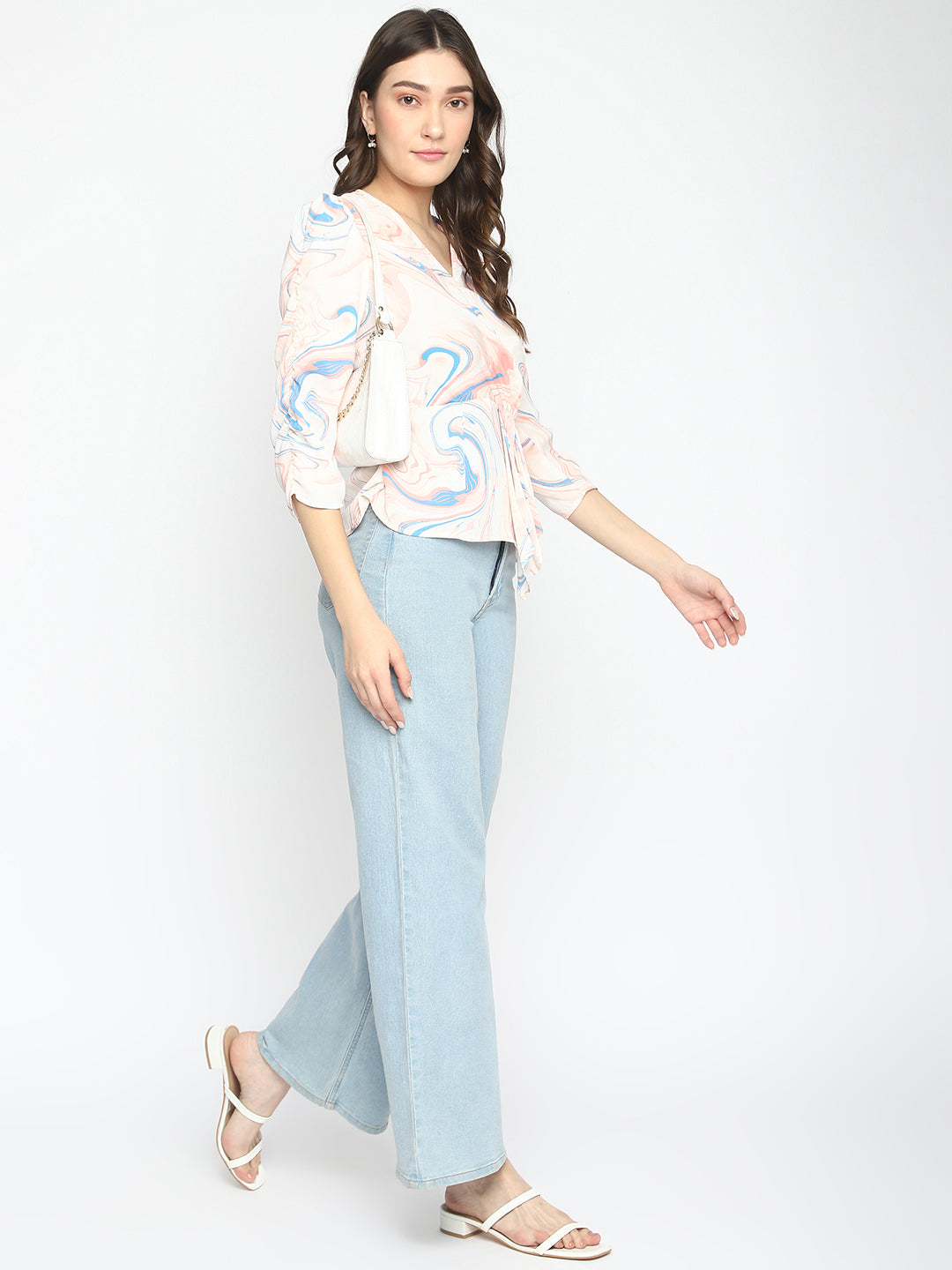 Latin Quarters Women's Peach 3/4Th Sleeve Printed V-Neck Casual Top