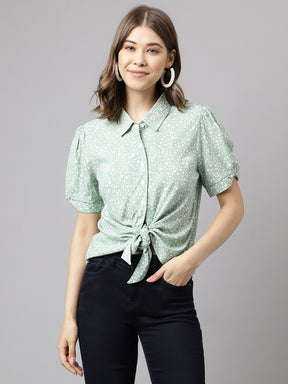 Latin Quarters Women's Green Short Sleeve Collar Neck Casual Printed Shirt