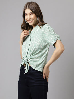 Latin Quarters Women's Green Short Sleeve Collar Neck Casual Printed Shirt