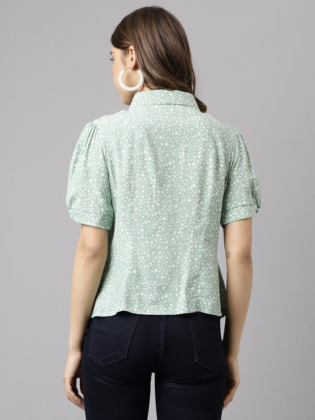 Latin Quarters Women's Green Short Sleeve Collar Neck Casual Printed Shirt