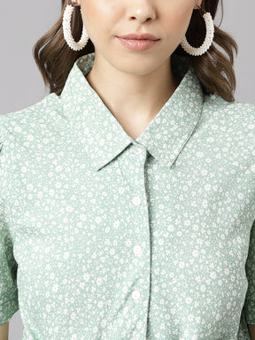 Latin Quarters Women's Green Short Sleeve Collar Neck Casual Printed Shirt