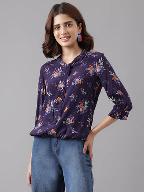 Latin Quarters Women's Purple 3/4Th Sleeve Printed V-Neck Casual Top