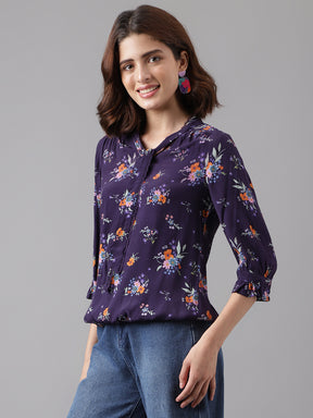 Latin Quarters Women's Purple 3/4Th Sleeve Printed V-Neck Casual Top