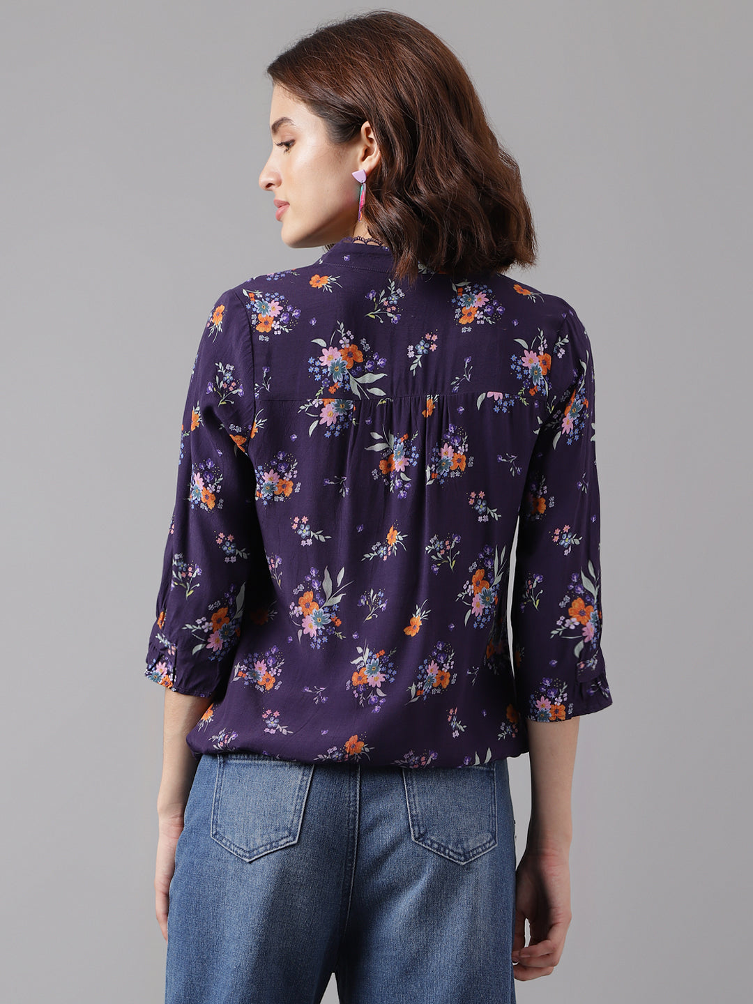 Latin Quarters Women's Purple 3/4Th Sleeve Printed V-Neck Casual Top