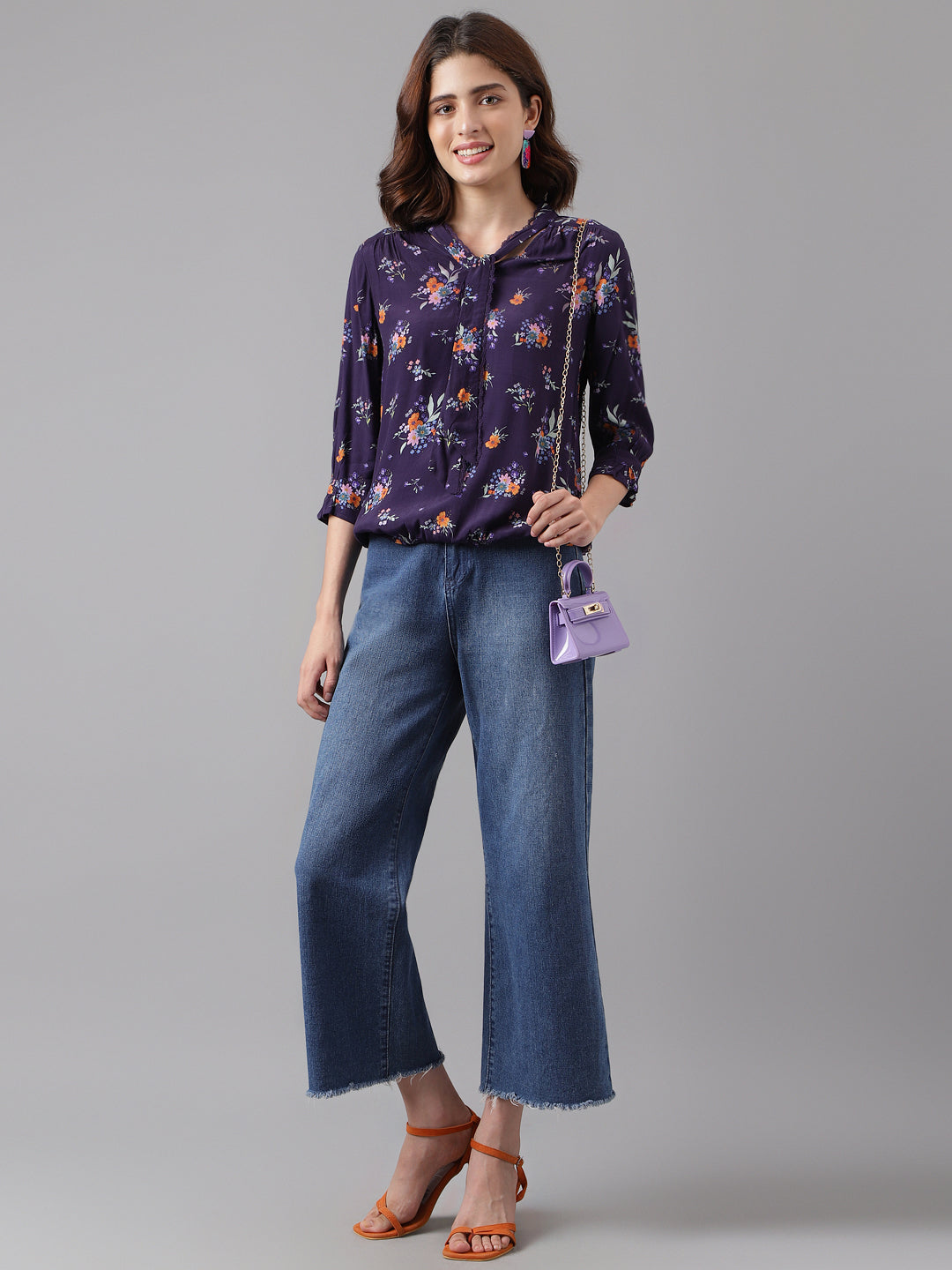 Latin Quarters Women's Purple 3/4Th Sleeve Printed V-Neck Casual Top