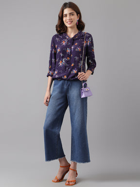 Latin Quarters Women's Purple 3/4Th Sleeve Printed V-Neck Casual Top