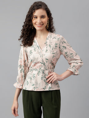 Latin Quarters Women's Beige 3/4Th Sleeve Printed V-Neck Casual Top