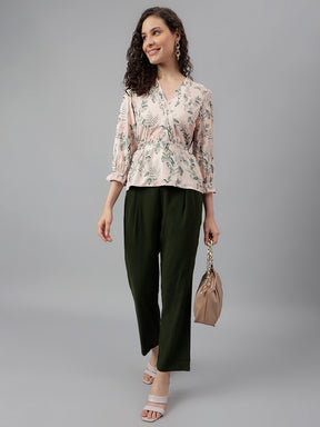 Latin Quarters Women's Beige 3/4Th Sleeve Printed V-Neck Casual Top