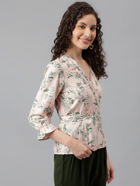 Latin Quarters Women's Beige 3/4Th Sleeve Printed V-Neck Casual Top