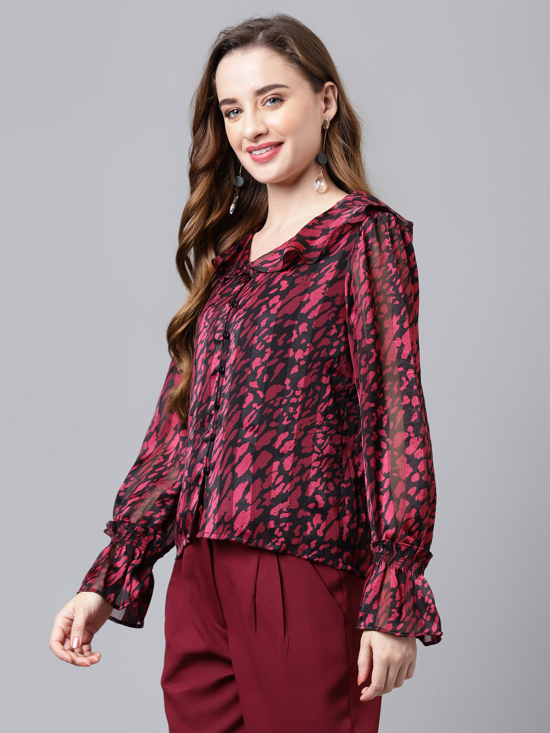 Latin Quarters Women's Maroon Full Sleeve V-neck Printed Casual Top