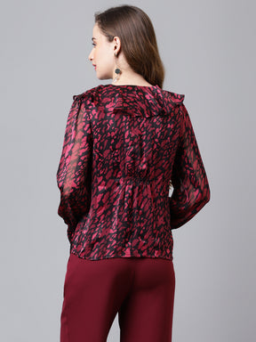 Latin Quarters Women's Maroon Full Sleeve V-neck Printed Casual Top