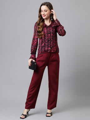 Latin Quarters Women's Maroon Full Sleeve V-neck Printed Casual Top