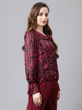 Latin Quarters Women's Maroon Full Sleeve V-neck Printed Casual Top
