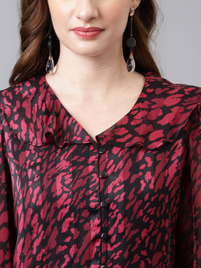 Latin Quarters Women's Maroon Full Sleeve V-neck Printed Casual Top