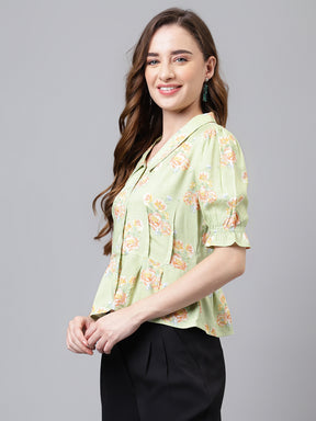 Latin Quarters Women's Green Half Sleeve Printed Collared Casual Shirt
