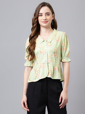 Latin Quarters Women's Green Half Sleeve Printed Collared Casual Shirt